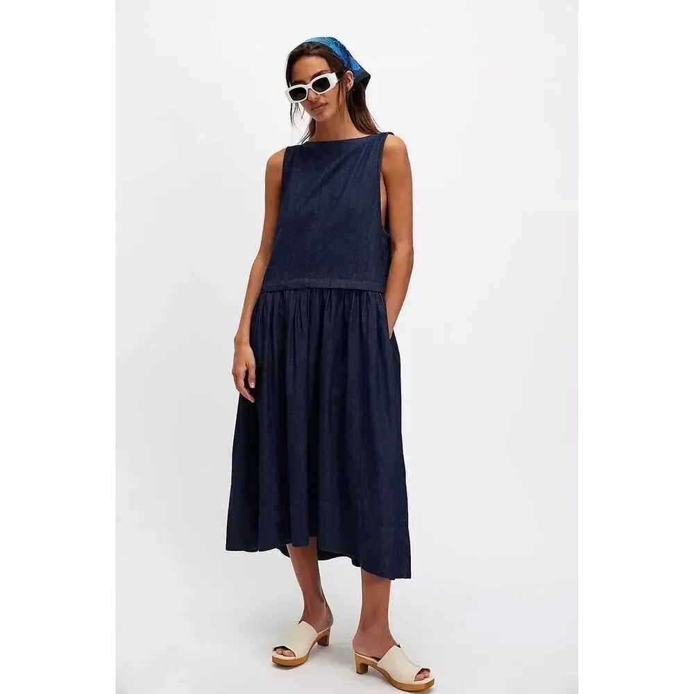 Free People Soraya Denim Midi Dress Large L NEW